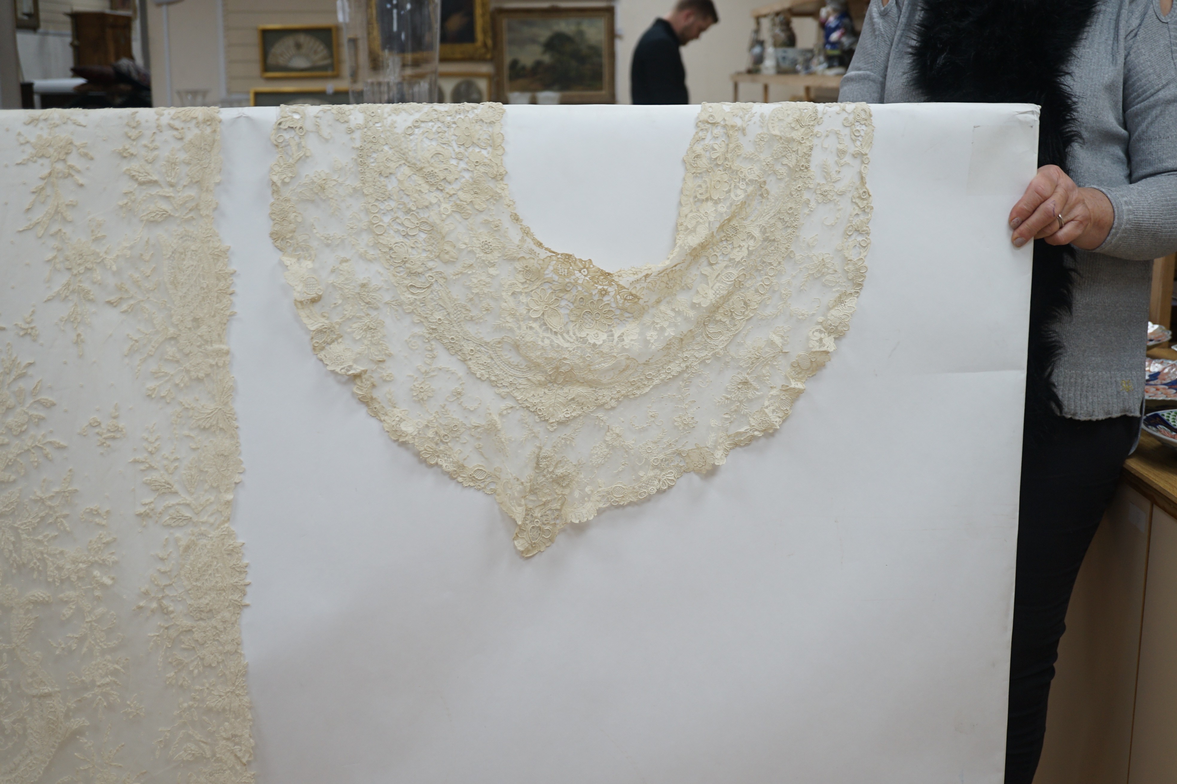 A mixed Brussels lace berth with fine needle lace floral insertions, together with a mixed bobbin veil and needleworked Brussels stols